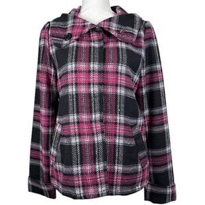 ROXY Wool Blend Pink Black Plaid Peacoat Hidden Button Collared Size Large‎